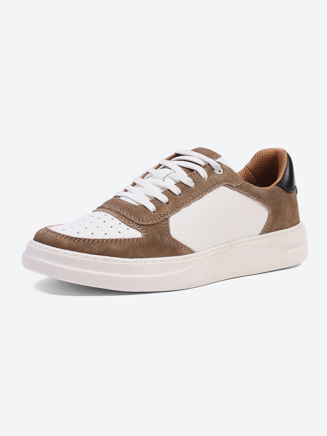 Men White & Tan Lace Up Genuine Leather Casual Sneakers