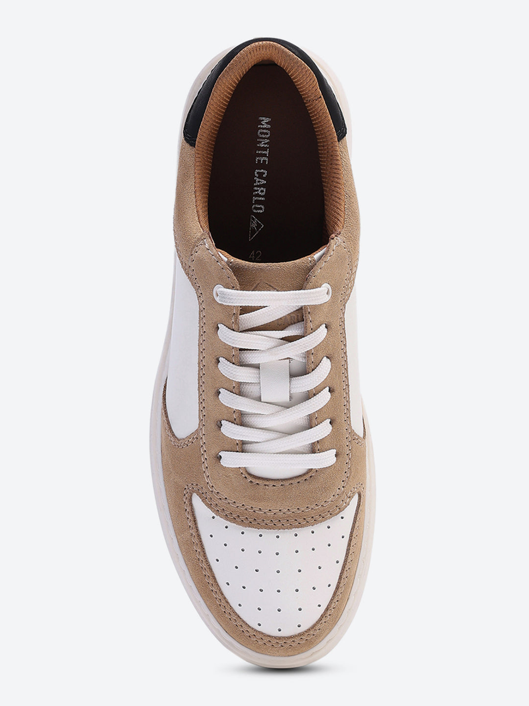 Men White & Beige Lace Up Genuine Leather Casual Sneakers