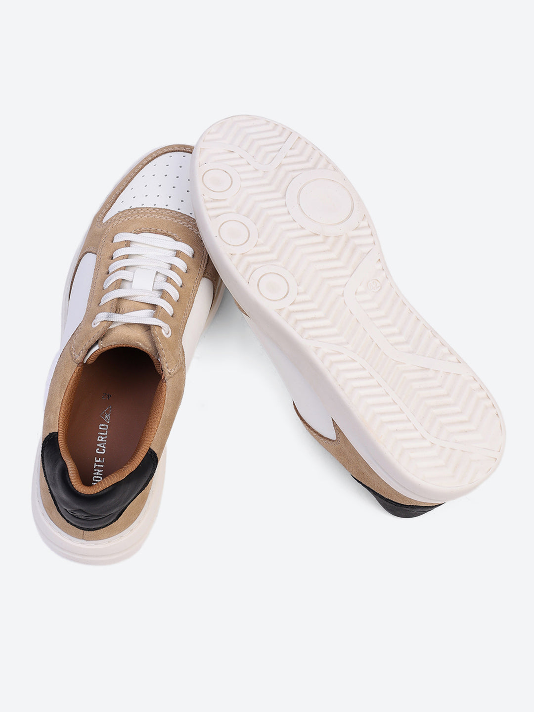 Men White & Beige Lace Up Genuine Leather Casual Sneakers