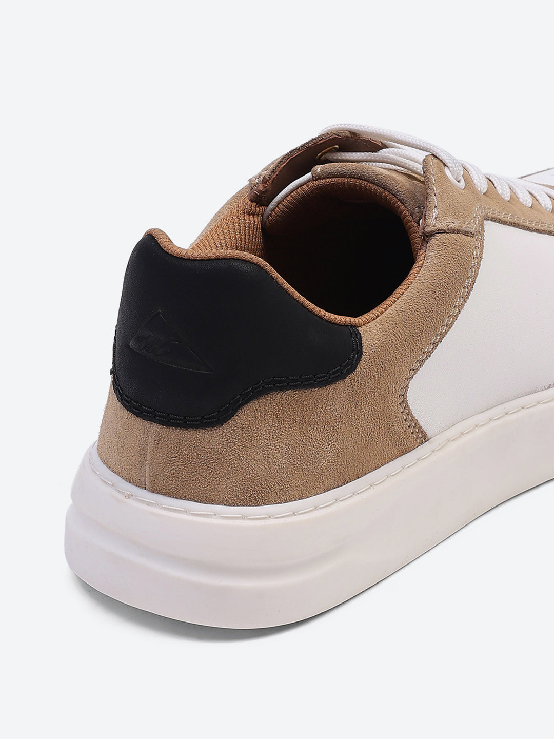 Men White & Beige Lace Up Genuine Leather Casual Sneakers