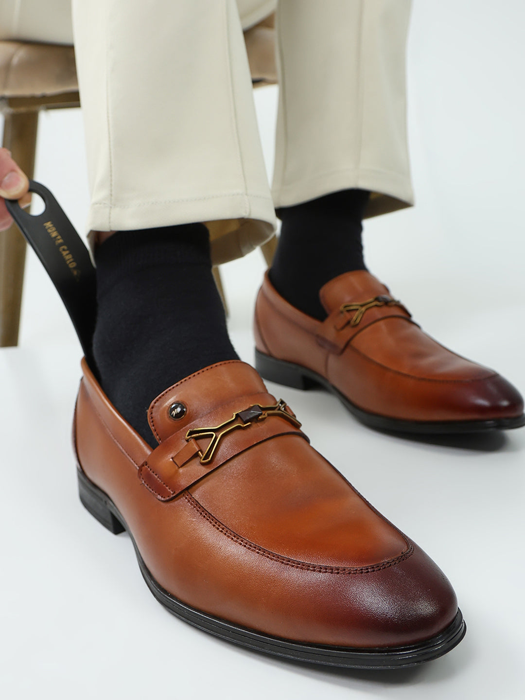 Men Tan Slip on Genuine Leather Horse-Bit Buckle Loafers