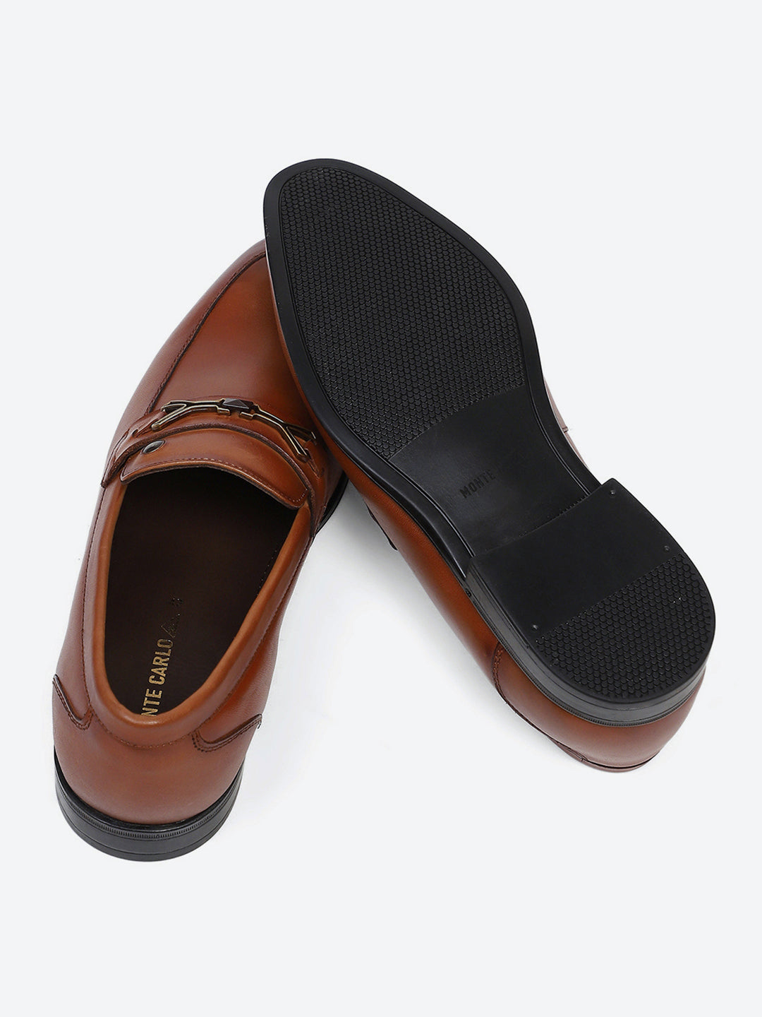 Men Tan Slip on Genuine Leather Horse-Bit Buckle Loafers