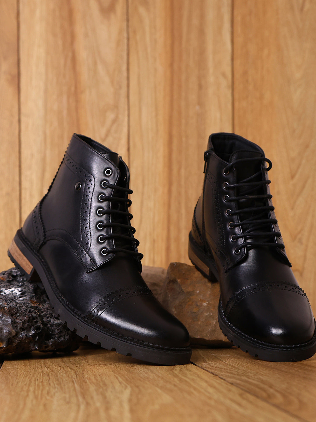 Men Black Genuine Leather Lace Up Boots