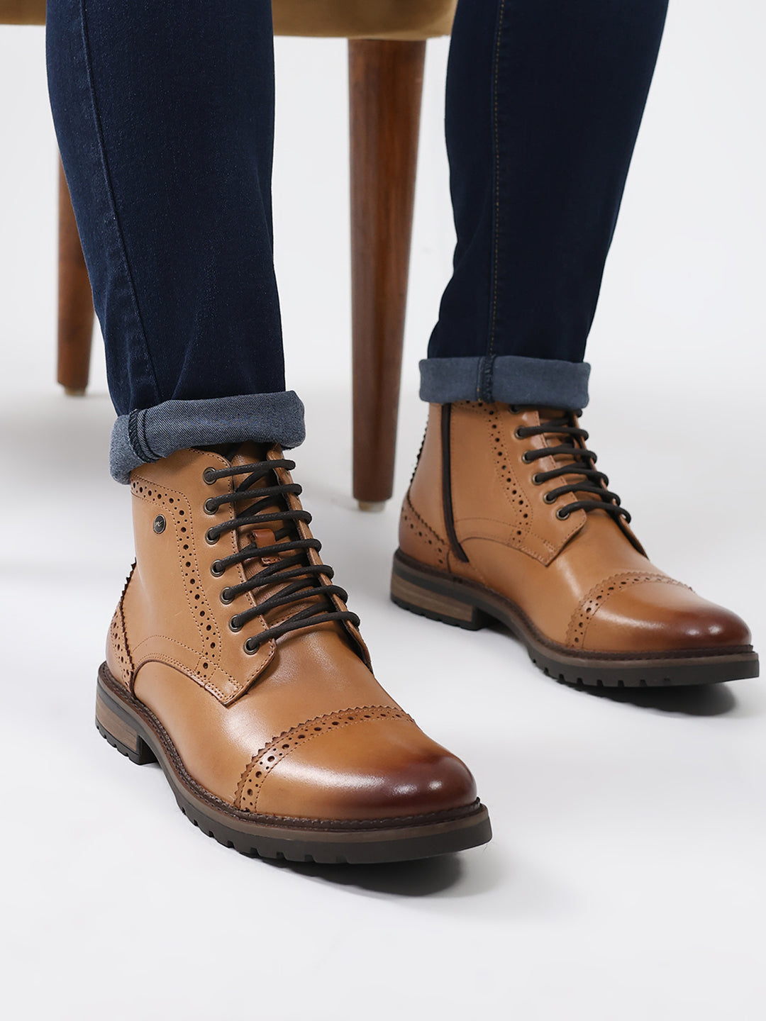 Men Tan Genuine Leather Lace Up Boots