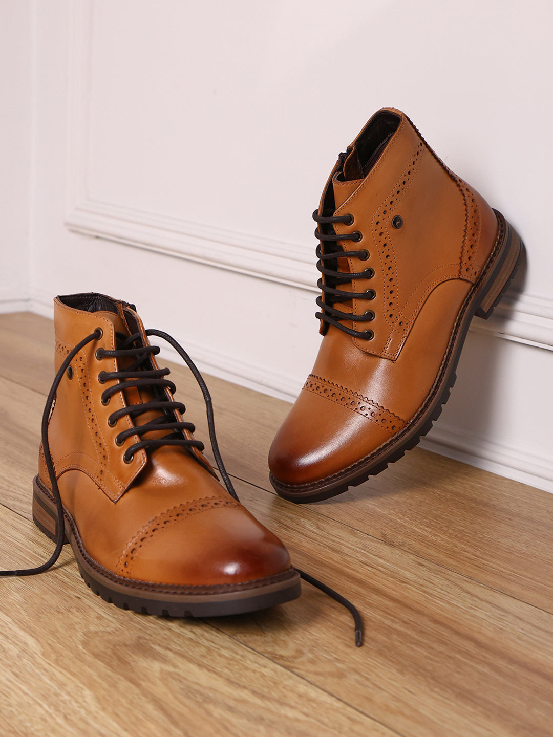 Men Tan Genuine Leather Lace Up Boots