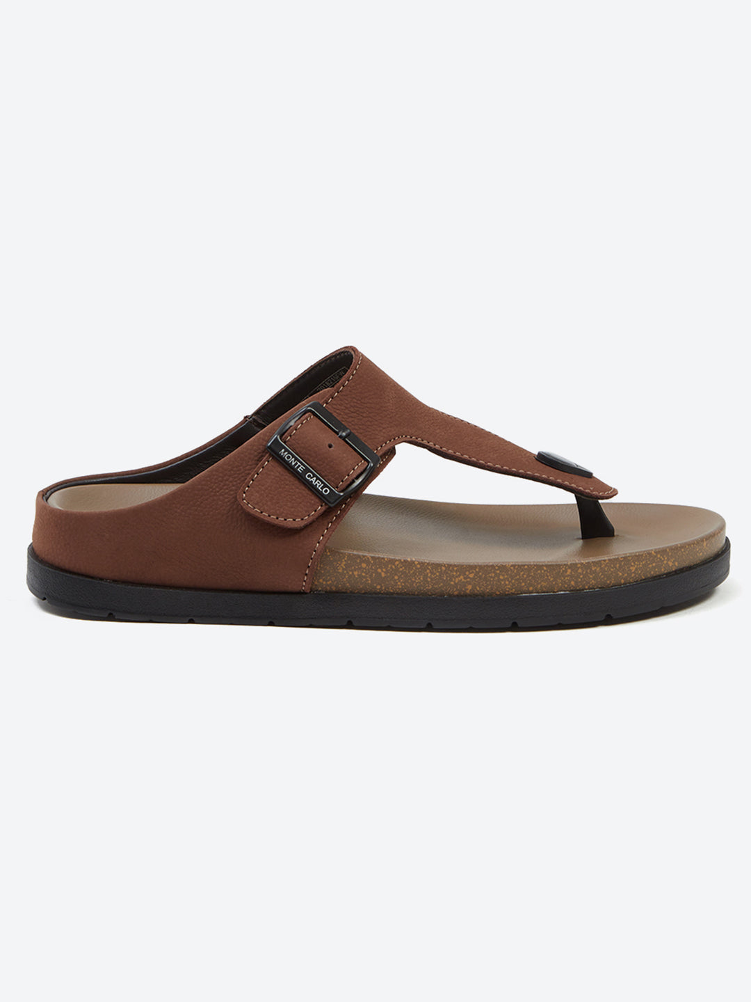 Men Brown Buckle Design Leather Slipper