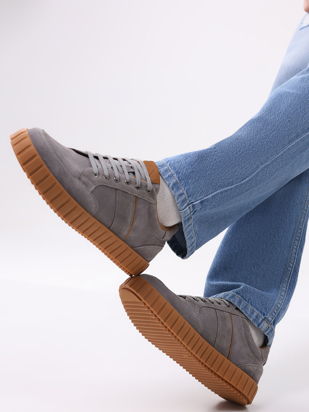 Men Grey Lace Up Genuine Leather Sneaker