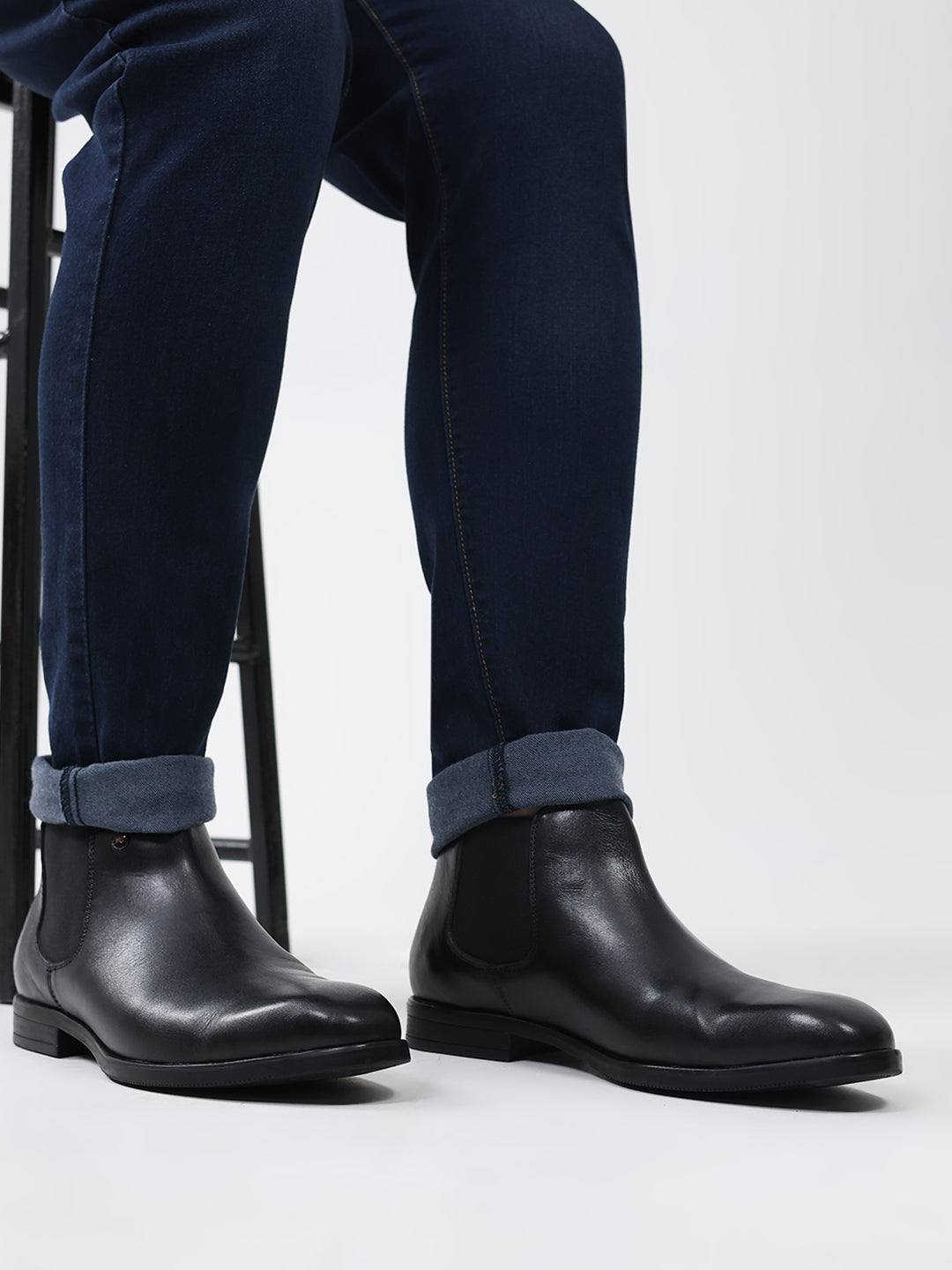 Men Black Elastic Genuine Leather Chelsea Boots