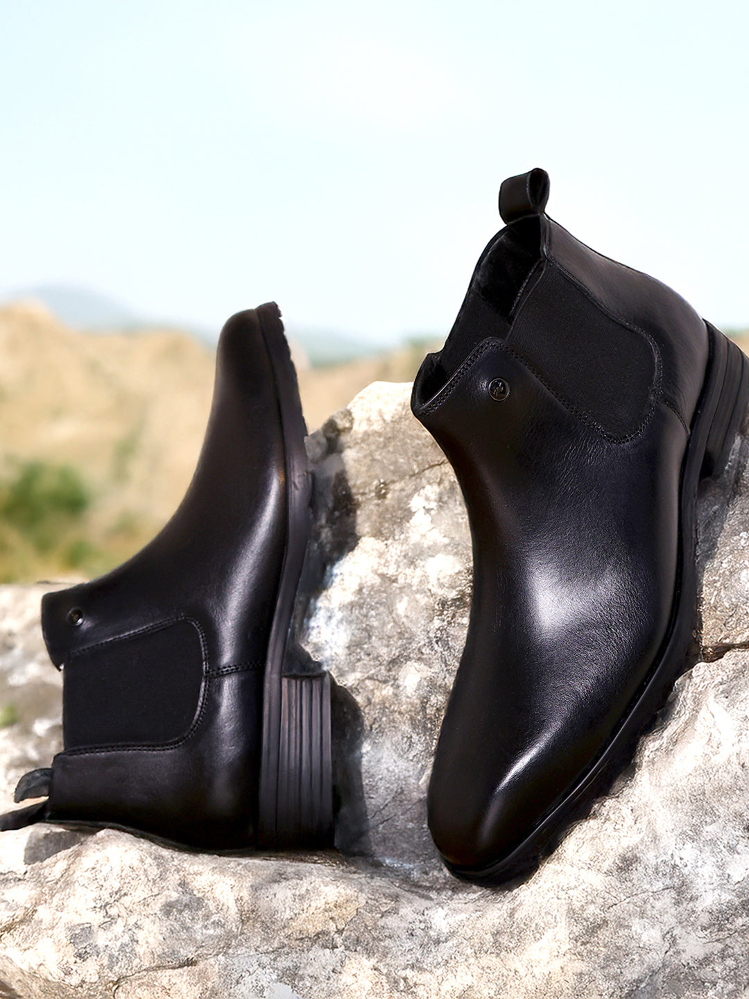 Men Black Elastic Genuine Leather Chelsea Boots