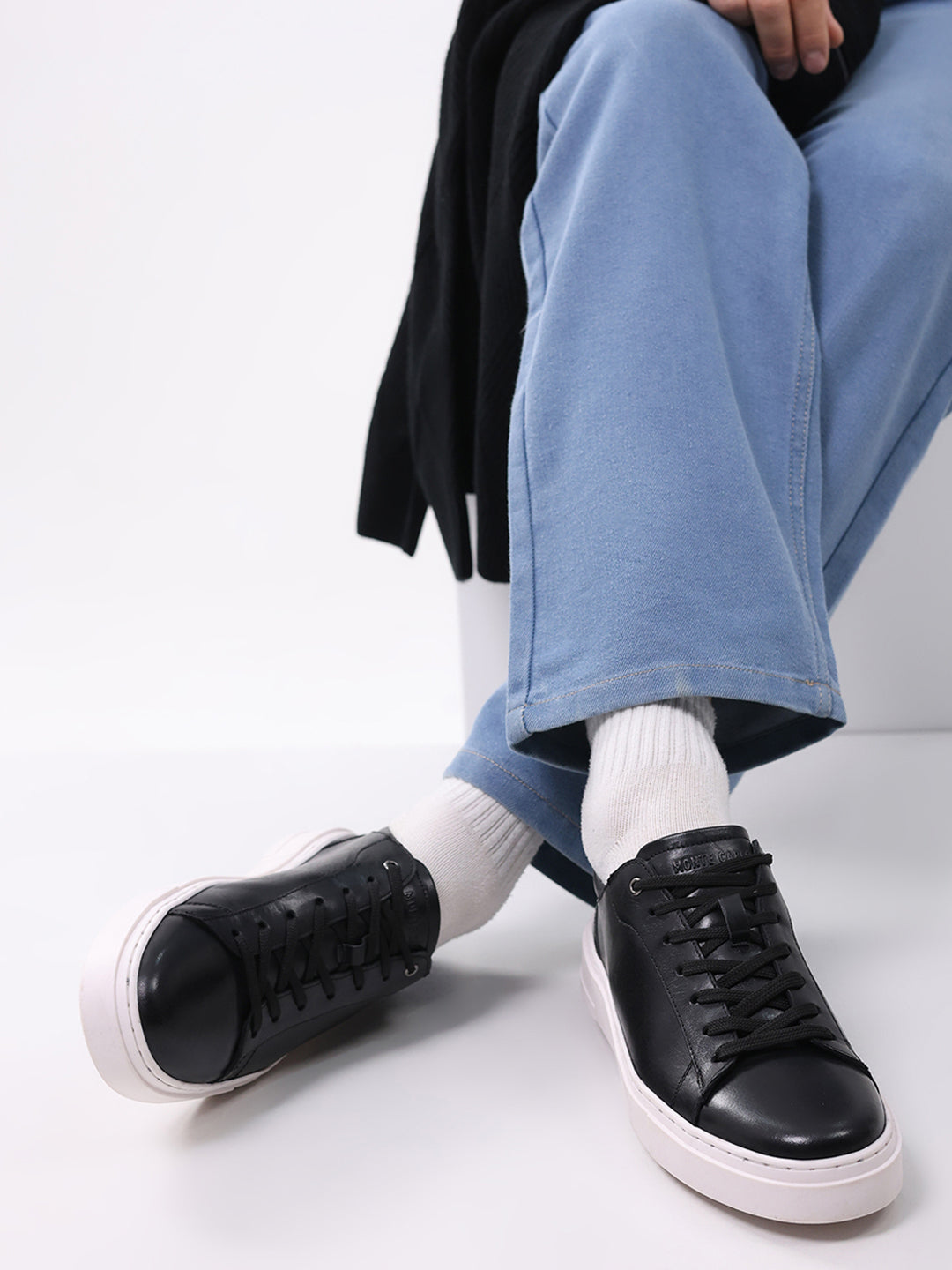 Men Black Lace Up Genuine Leather Sneaker
