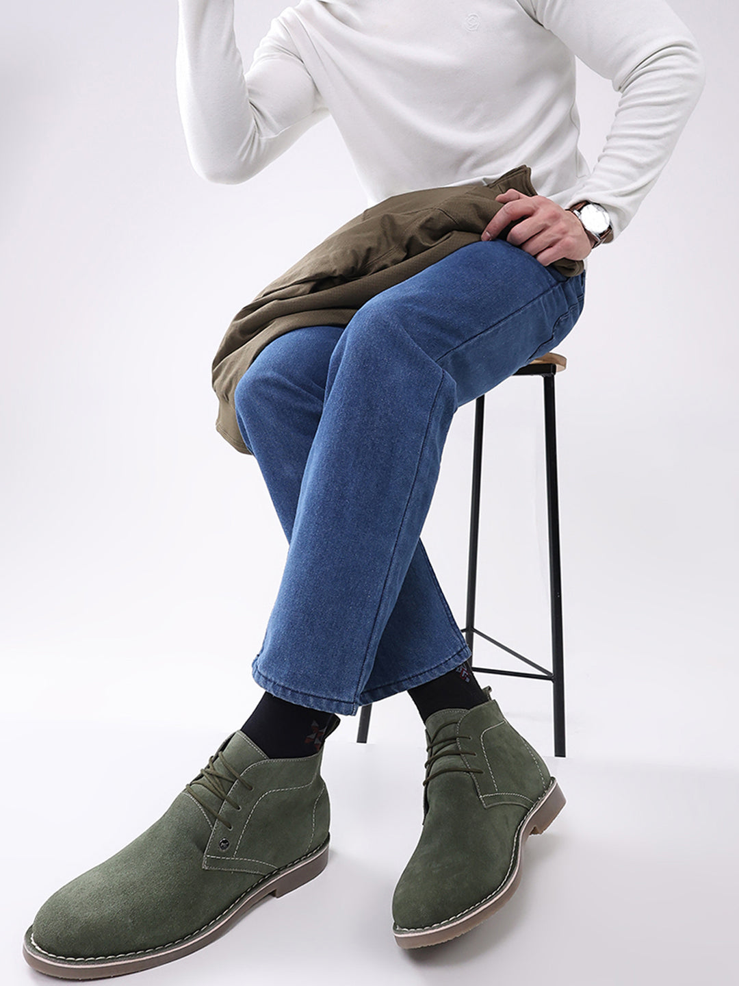 Men Olive Lace Up Genuine Leather Chukka Boots