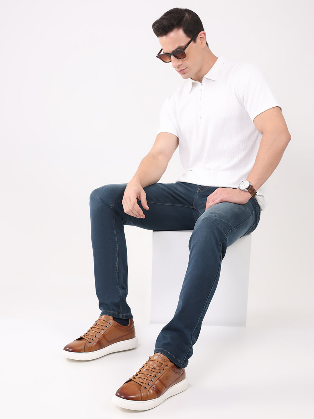 Men Tan Lace Up Genuine Leather Sneaker