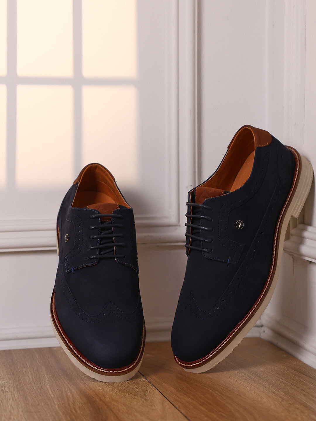Men Navy Blue Lace Up Genuine Leather Casual Brogues