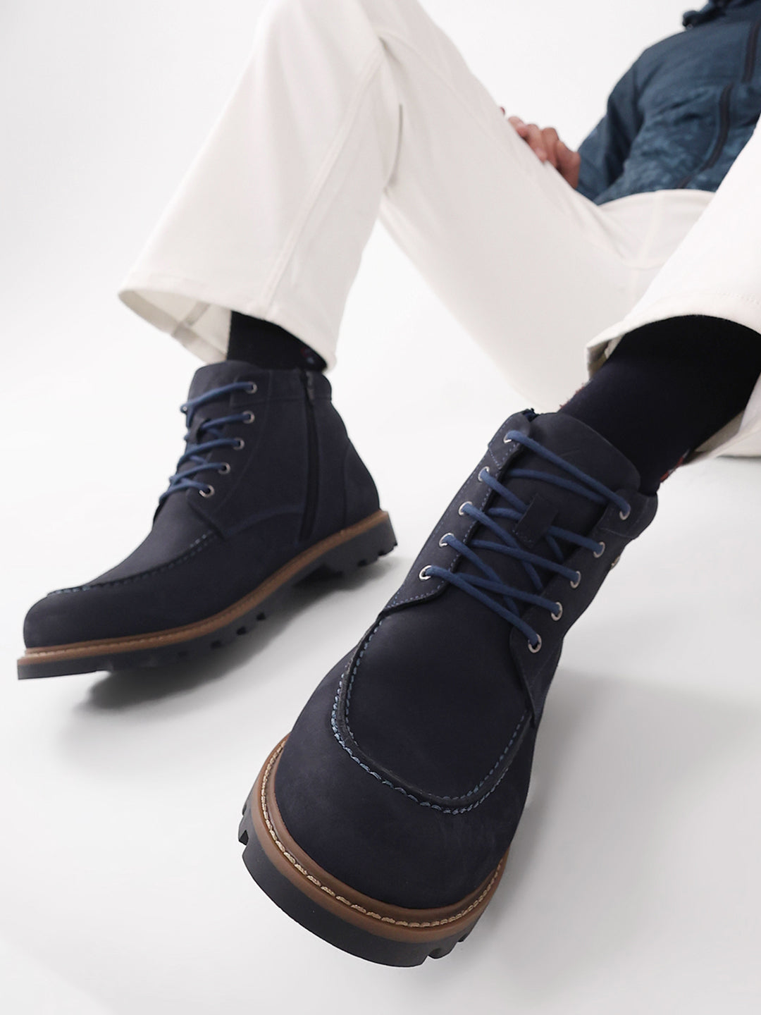 Men Navy Blue Genuine Leather Lace Up Boots