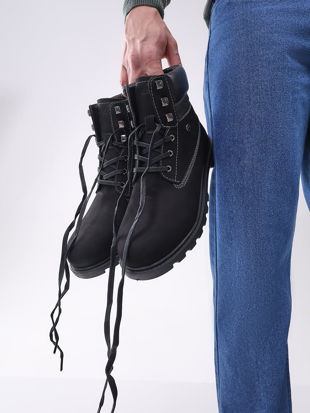 Men Black Genuine Leather Lace Up Boots