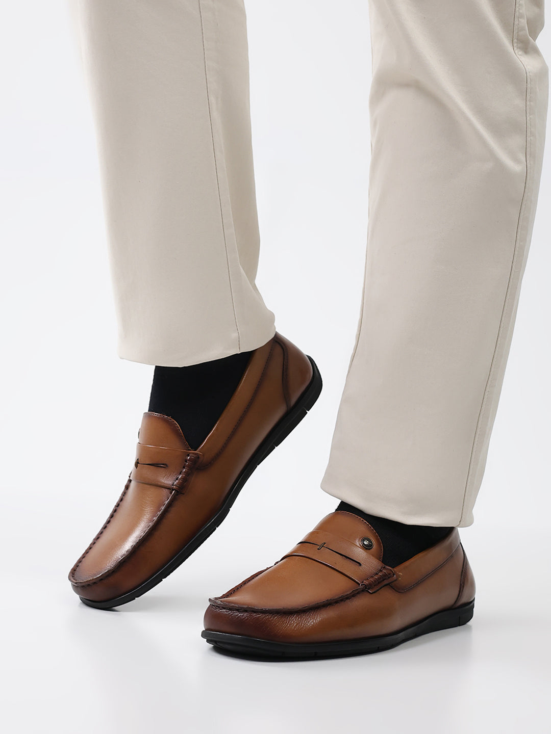 Men Tan Slip on Genuine Leather Loafers