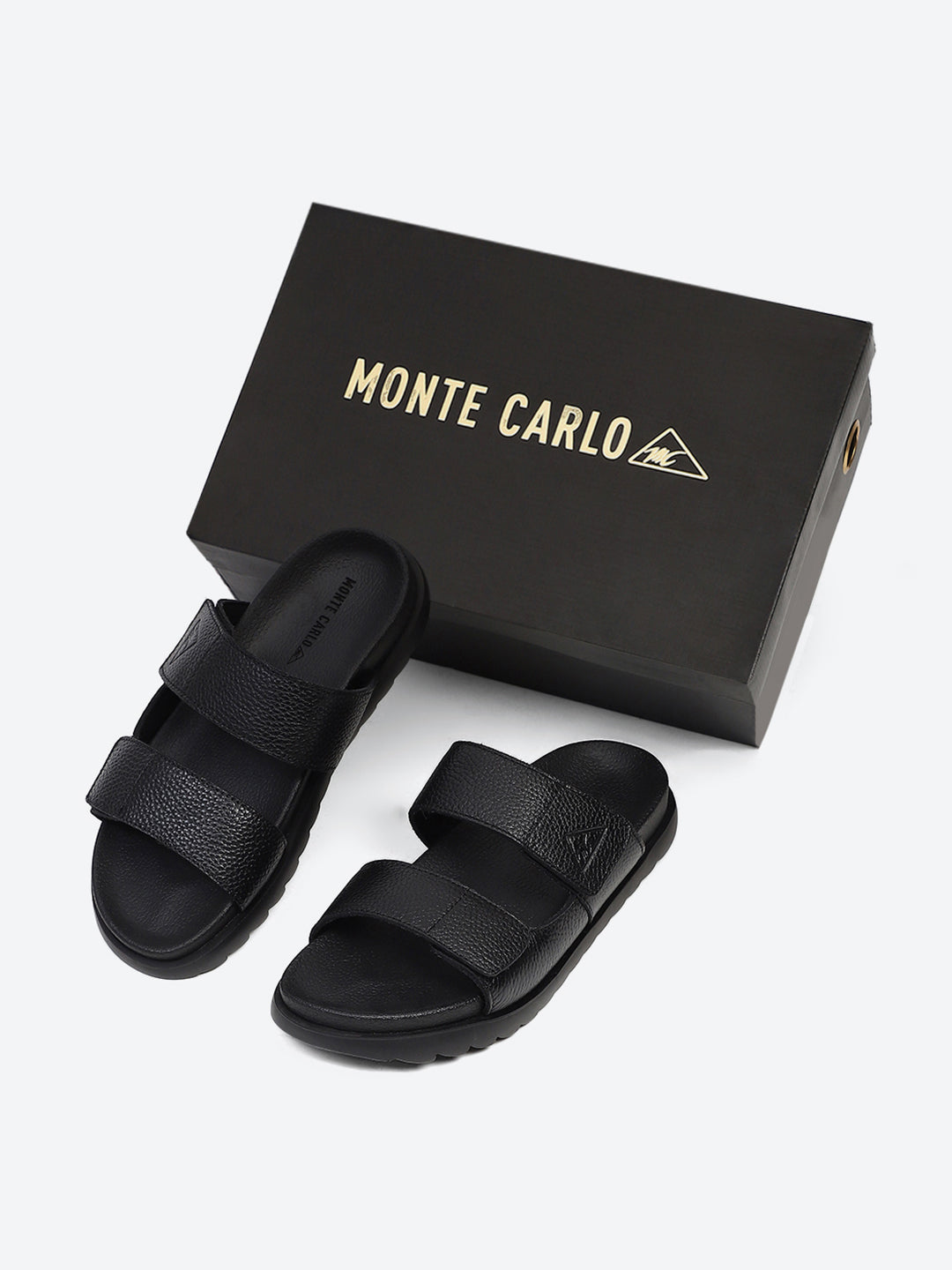 Men Black Velcro Genuine Leather Sliders