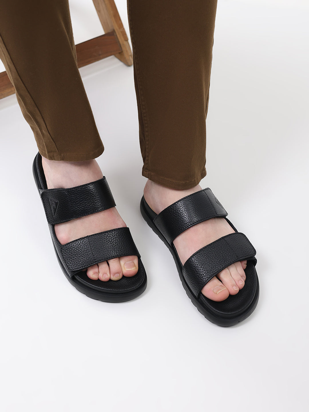 Men Black Velcro Genuine Leather Sliders