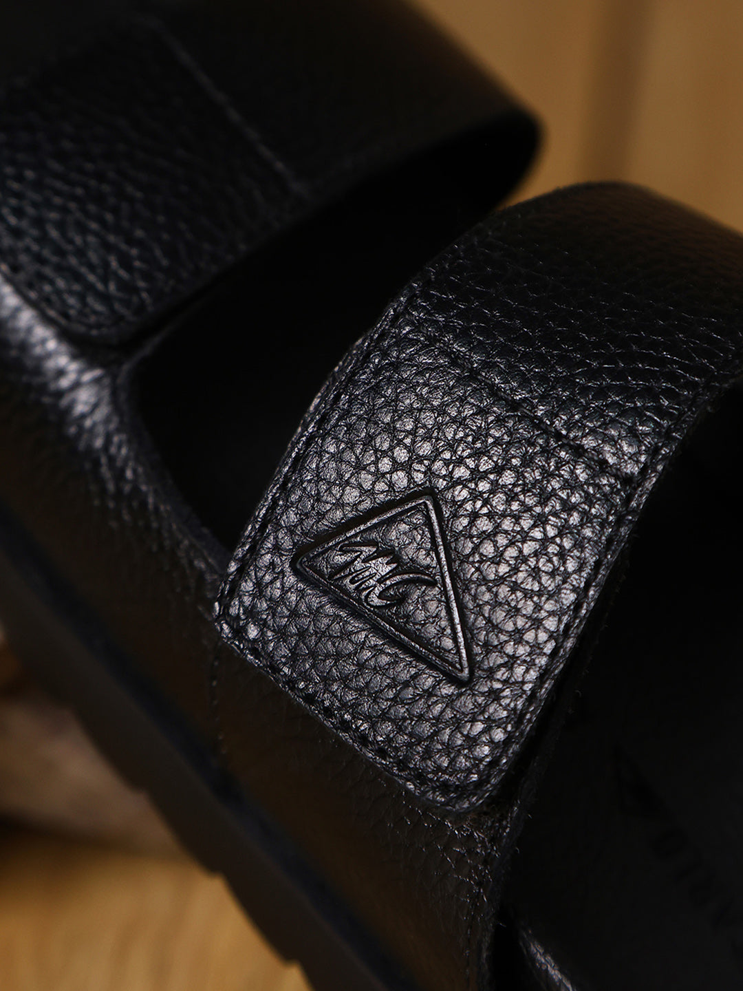 Men Black Velcro Genuine Leather Sliders