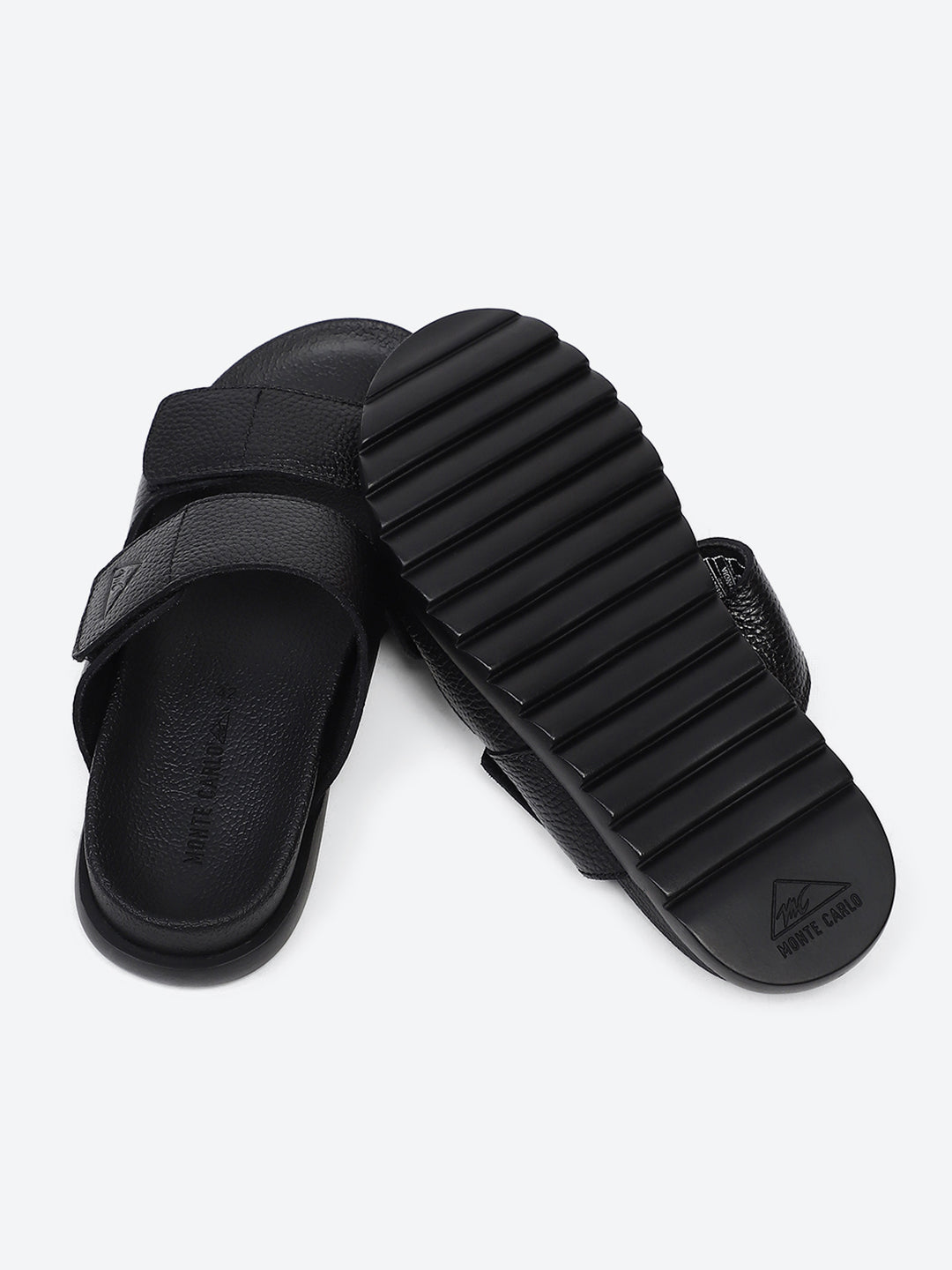 Men Black Velcro Genuine Leather Sliders