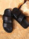 Men Black Velcro Genuine Leather Sliders
