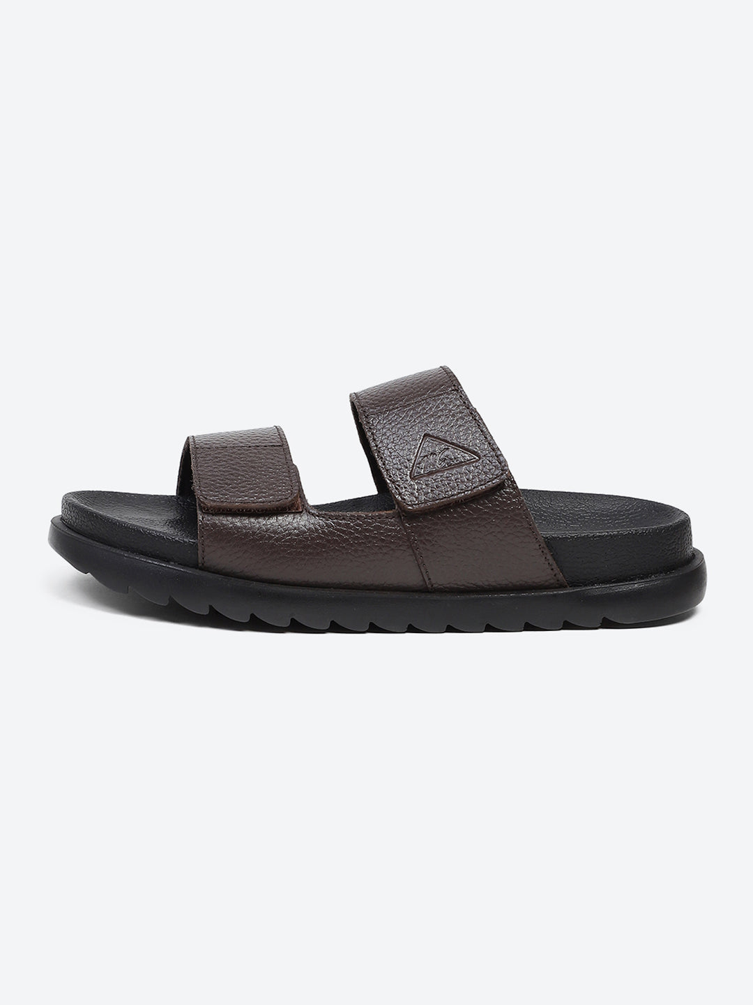 Men Brown Velcro Genuine Leather Sliders