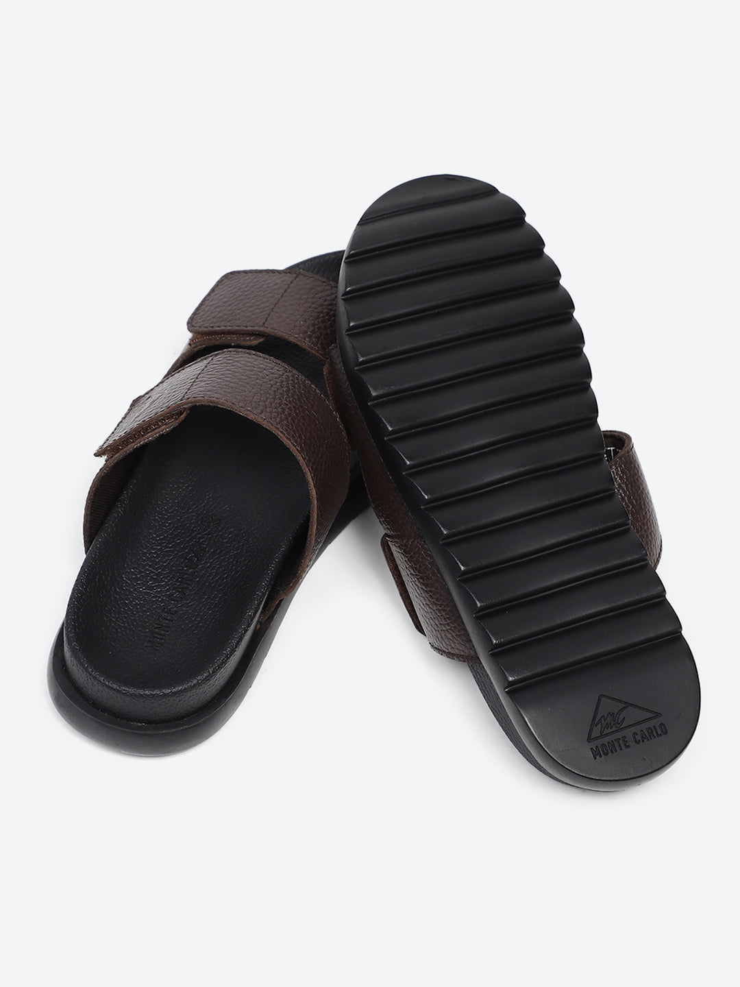 Men Brown Velcro Genuine Leather Sliders