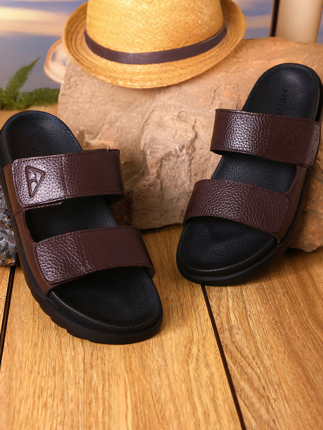 Men Brown Velcro Genuine Leather Sliders