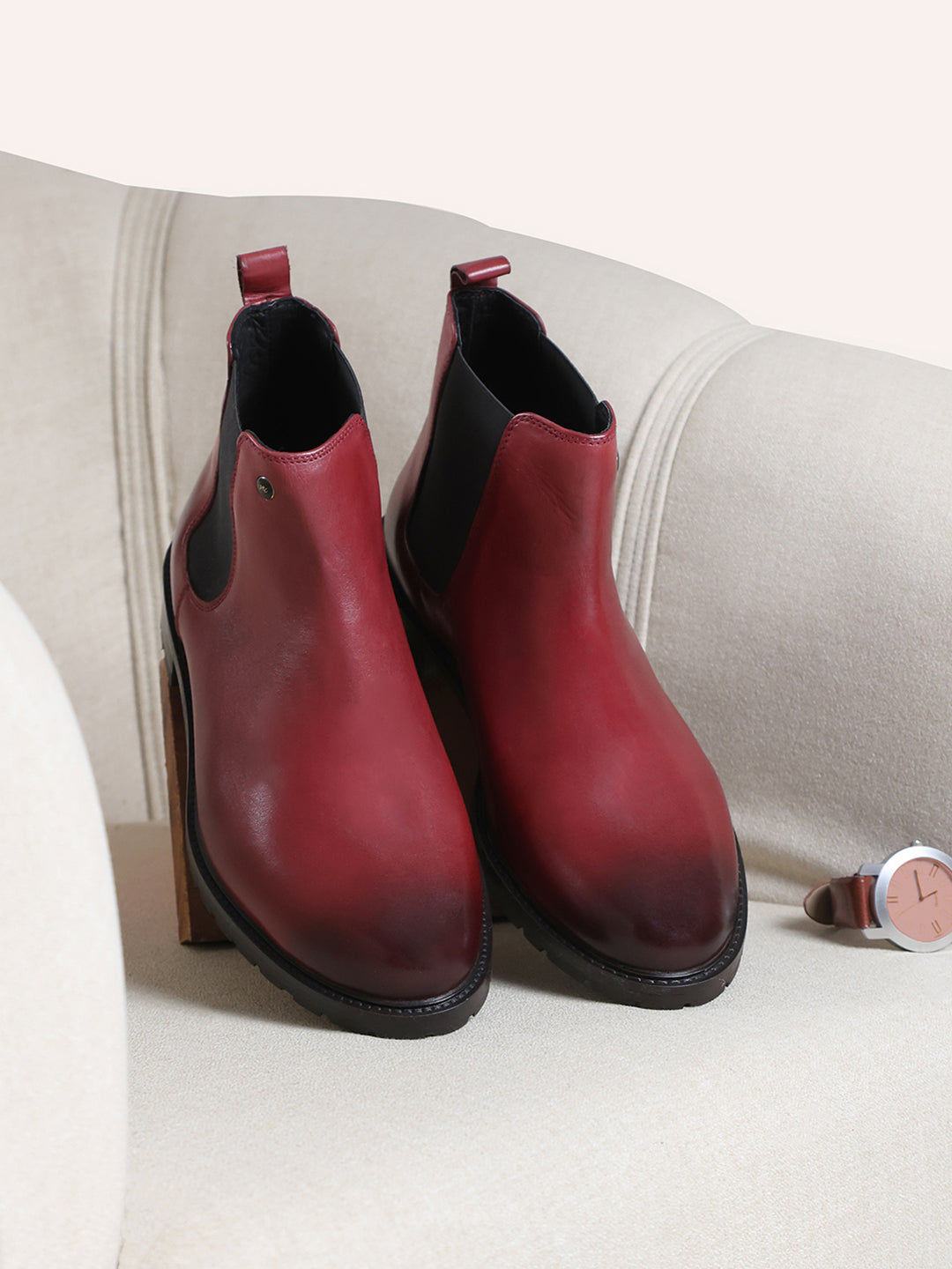 Men Cherry Slip on Leather Chelsea Boots