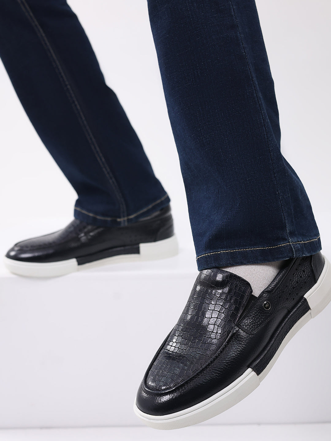 Monte Carlo Navy Blue Croc Print Leather Casual Slip on Shoes for Men