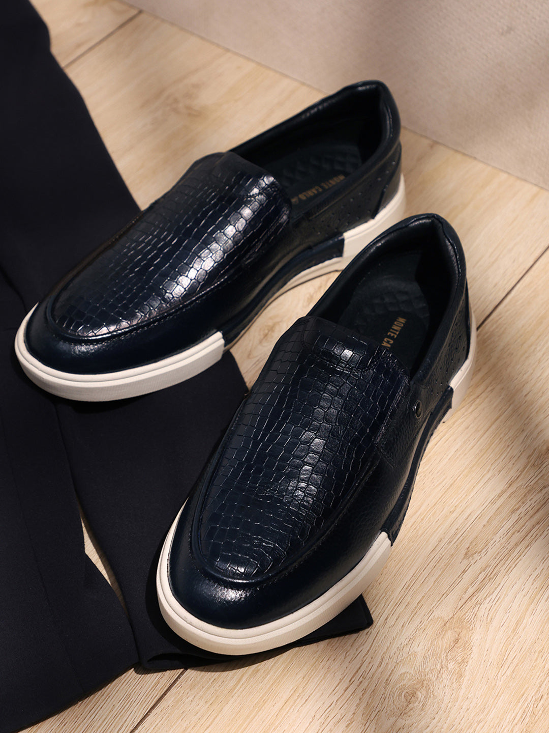 Monte Carlo Navy Blue Croc Print Leather Casual Slip on Shoes for Men