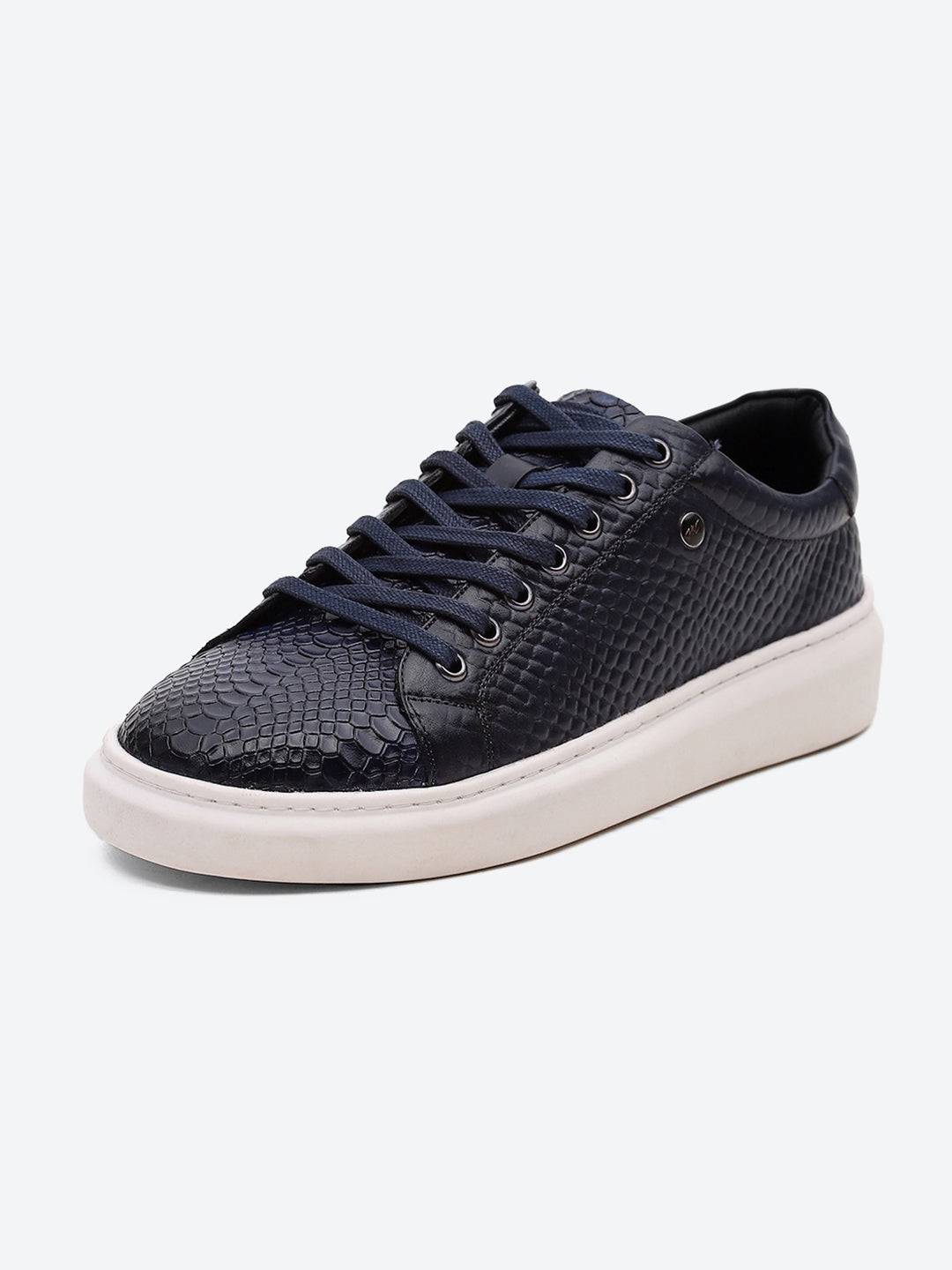 Men Navy Blue Lace Up Leather Sneakers - Stylish & Comfortable
