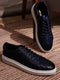 Men Navy Blue Lace Up Leather Sneakers - Stylish & Comfortable