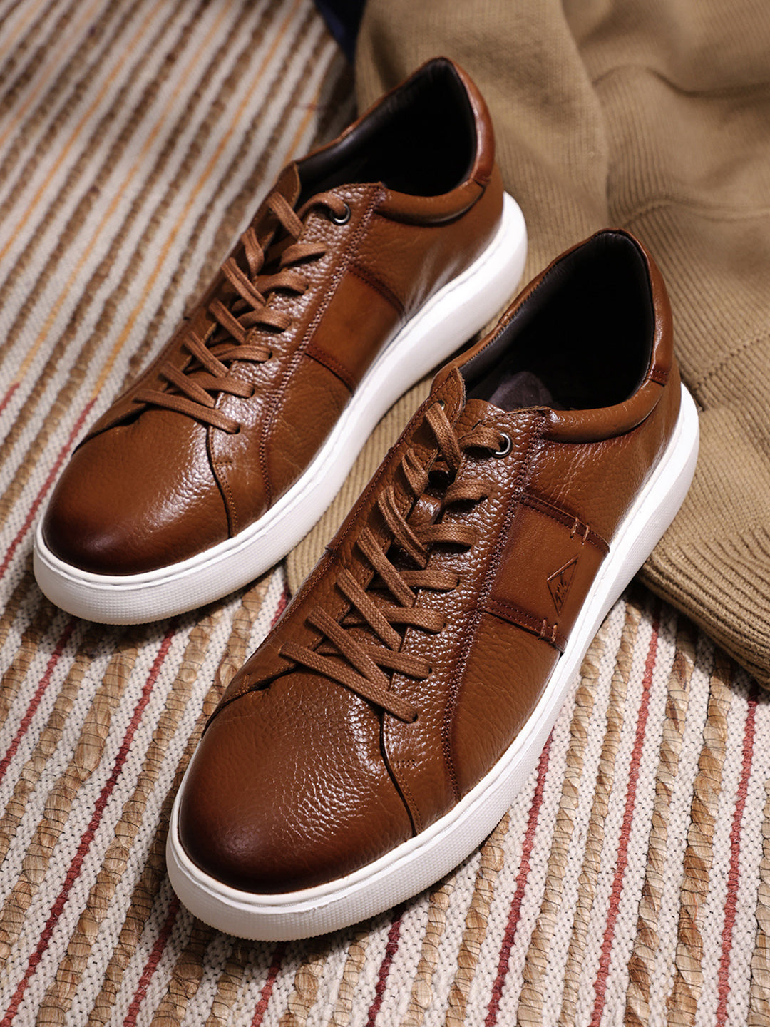 Men Tan Lace Up Leather Sneakers - Stylish & Comfortable