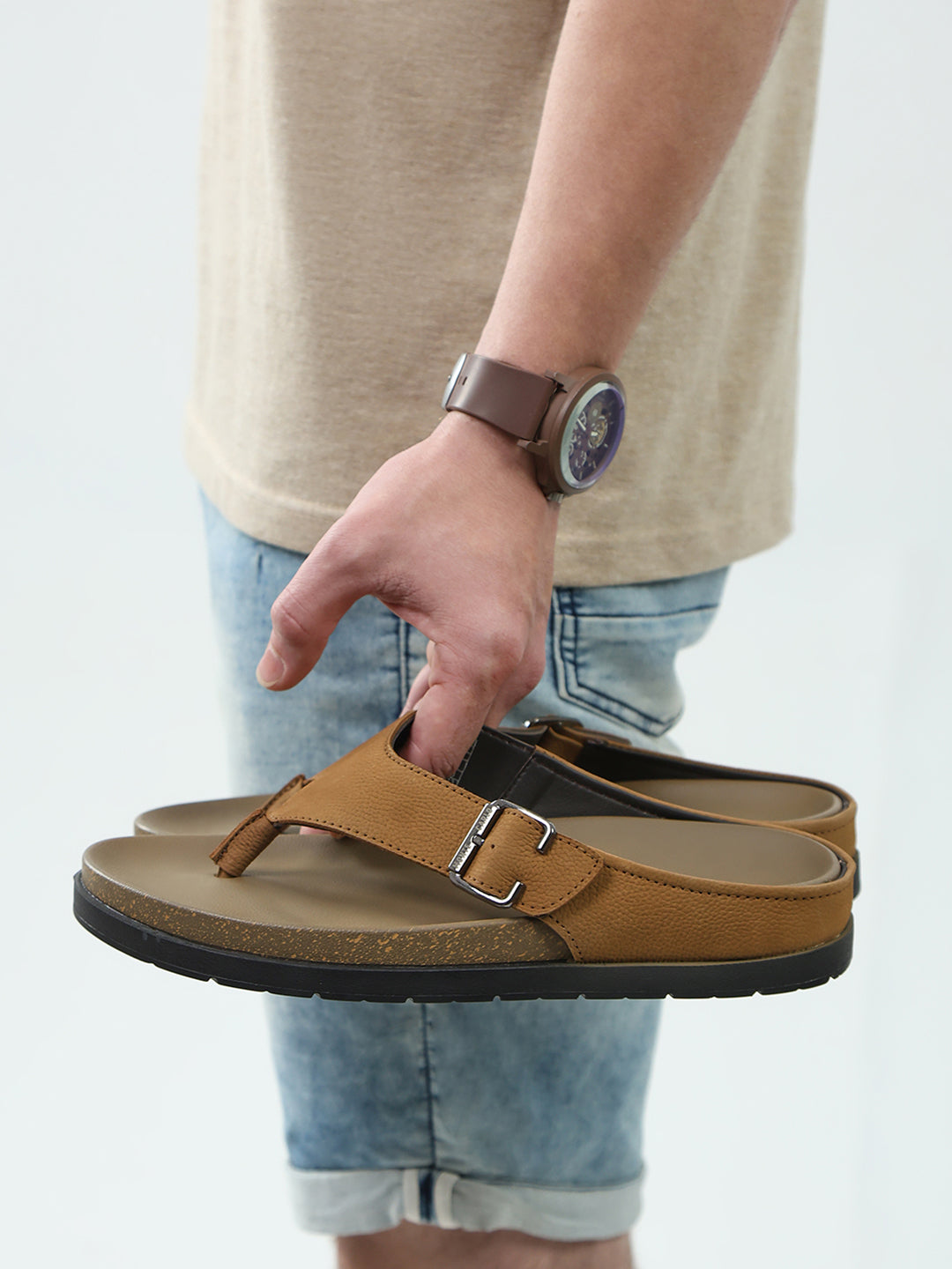 Men Tan Buckle Genuine Leather Slipper