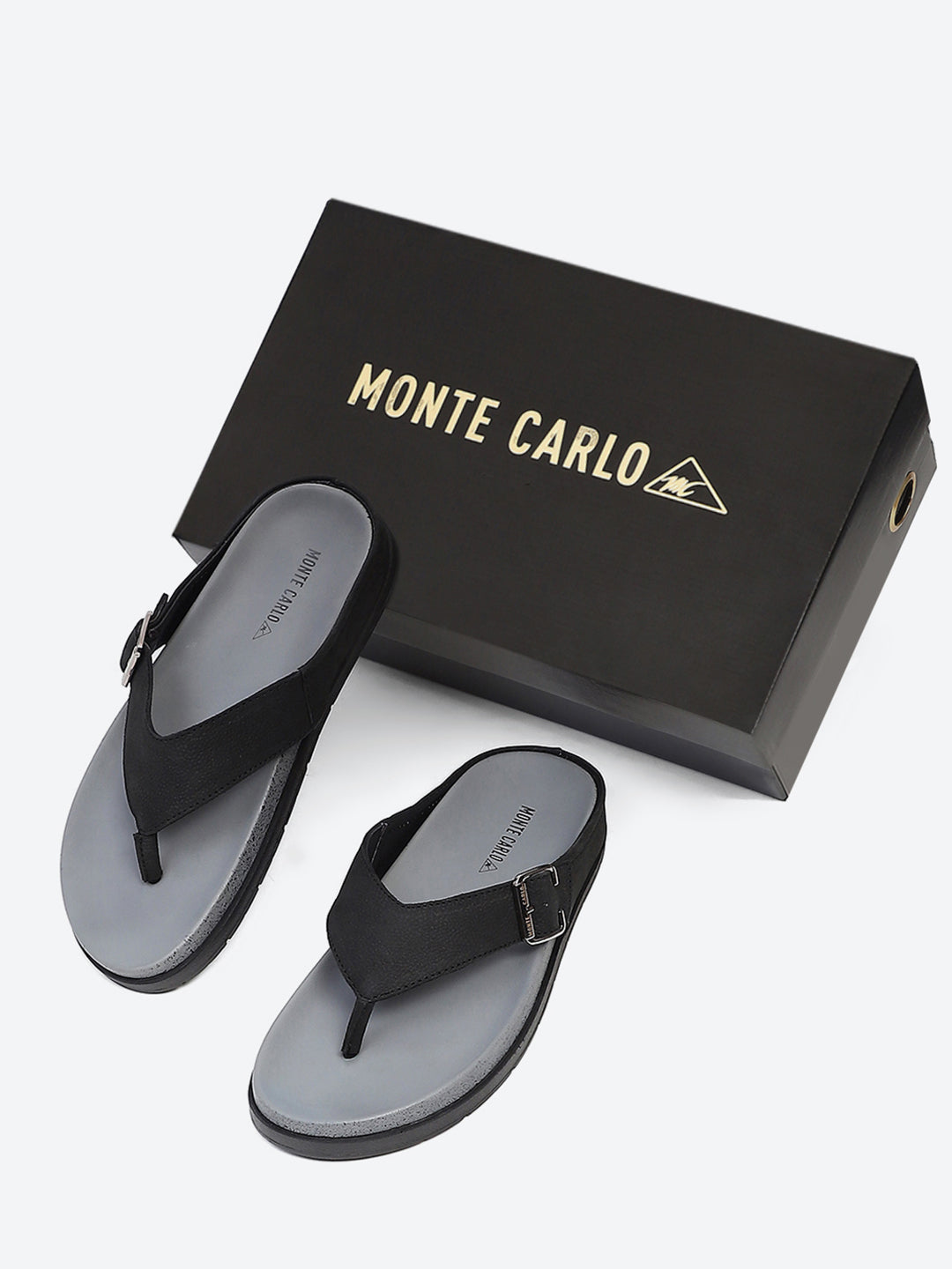 Men Black Buckle Genuine Leather Slipper