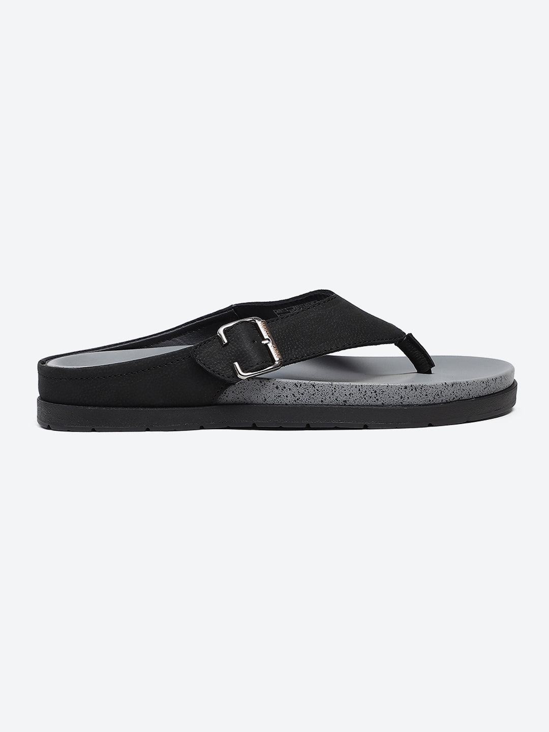 Men Black Buckle Genuine Leather Slipper