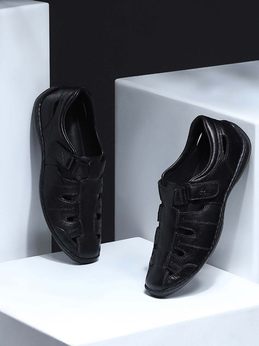 Men Black Velcro Leather Sandals