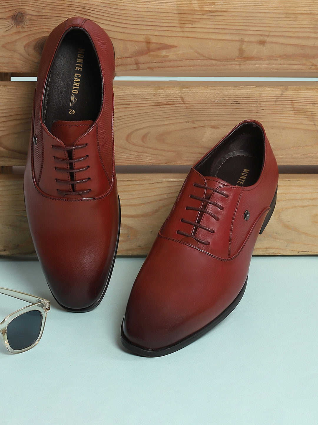 Men Maroon Solid Lace Up Genuine Leather Formal Oxfords