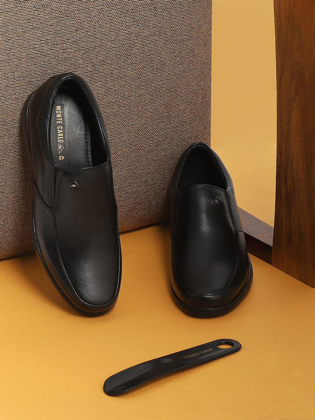Men Black Solid Slip on Genuine Leather Square Toe Slip on Shoes