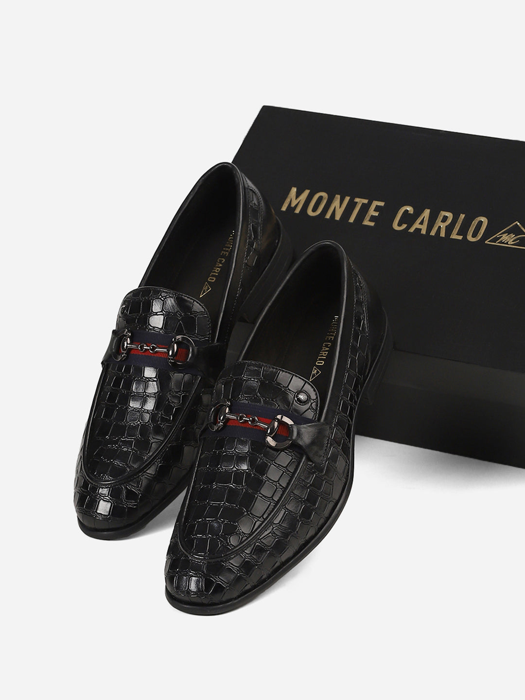 Men Black Slip-On Genuine Leather Croco Print Penny Loafers