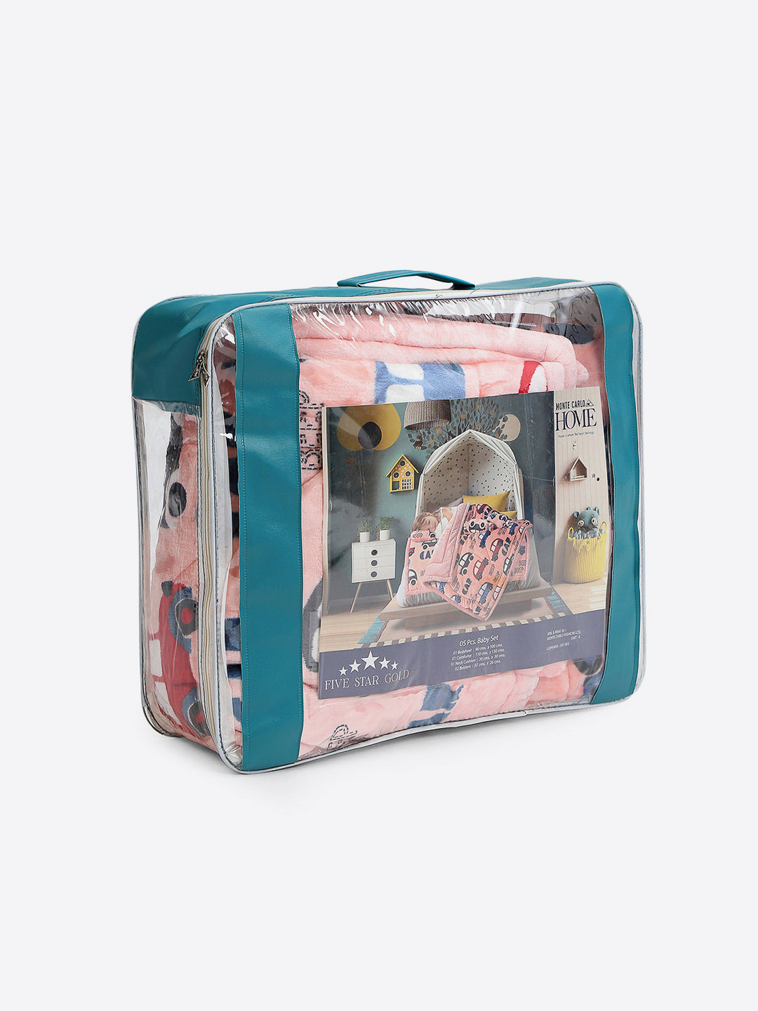 Printed Baby Blanket 3 Ply, 1609 GSM 5Pcs Set (1 Baby Comforter, 1 Bedsheet, 1 Neck Pillow & 2 Bolster)