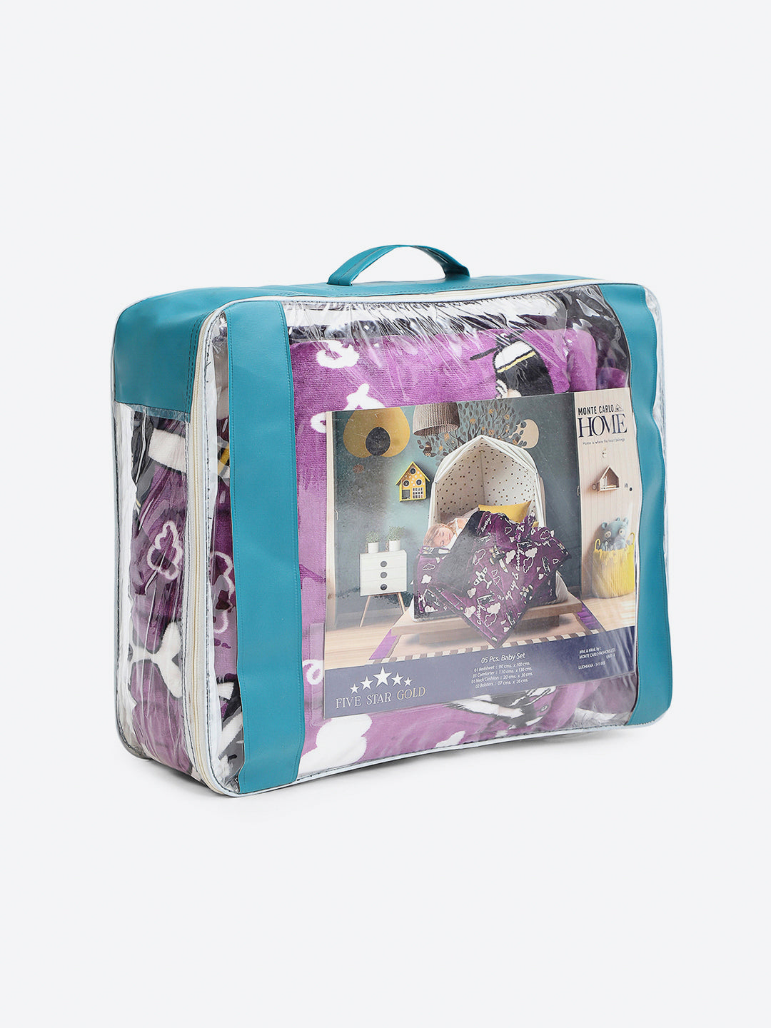 Printed Baby Blanket 3 Ply, 1609 GSM 5Pcs Set (1 Baby Comforter, 1 Bedsheet, 1 Neck Pillow & 2 Bolster)