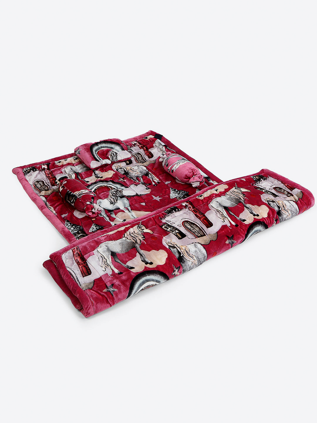 Printed Baby Blanket 3 Ply, 1609 GSM 5Pcs Set (1 Baby Comforter, 1 Bedsheet, 1 Neck Pillow & 2 Bolster)