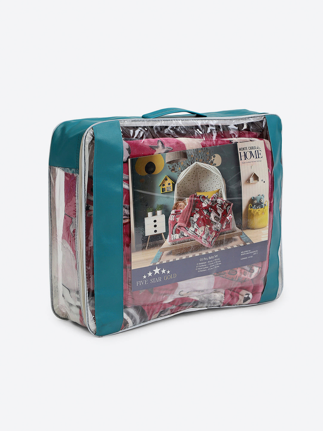 Printed Baby Blanket 3 Ply, 1609 GSM 5Pcs Set (1 Baby Comforter, 1 Bedsheet, 1 Neck Pillow & 2 Bolster)