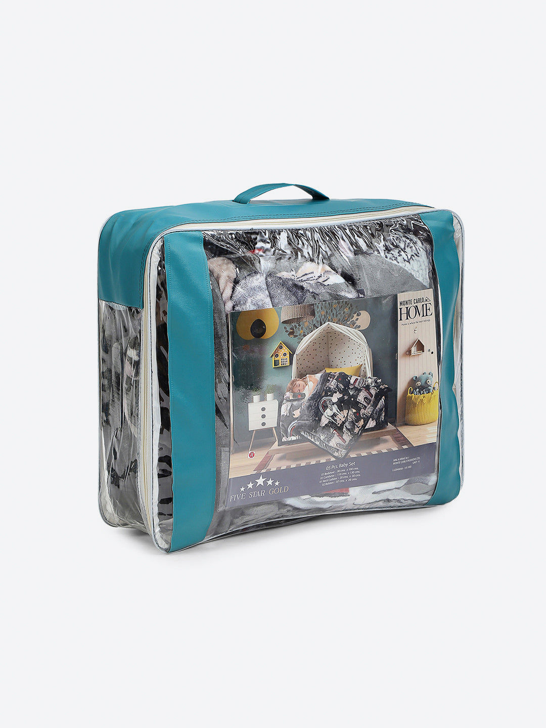 Printed Baby Blanket 3 Ply, 1609 GSM 5Pcs Set (1 Baby Comforter, 1 Bedsheet, 1 Neck Pillow & 2 Bolster)