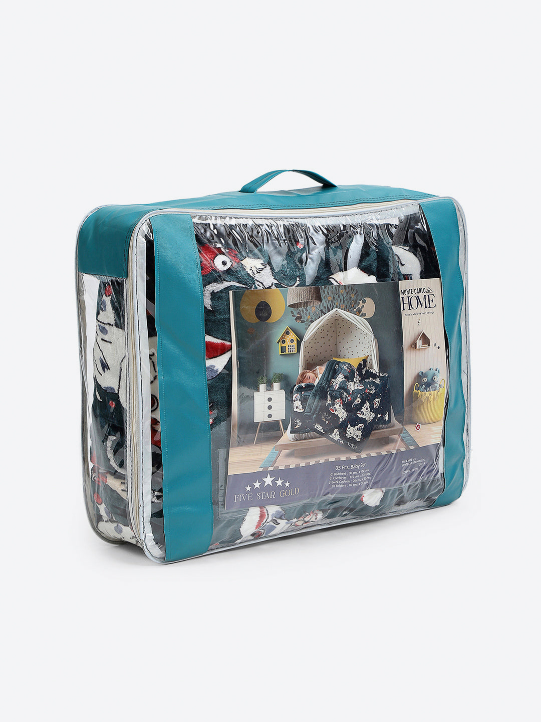 Printed Baby Blanket 3 Ply, 1609 GSM 5Pcs Set (1 Baby Comforter, 1 Bedsheet, 1 Neck Pillow & 2 Bolster)