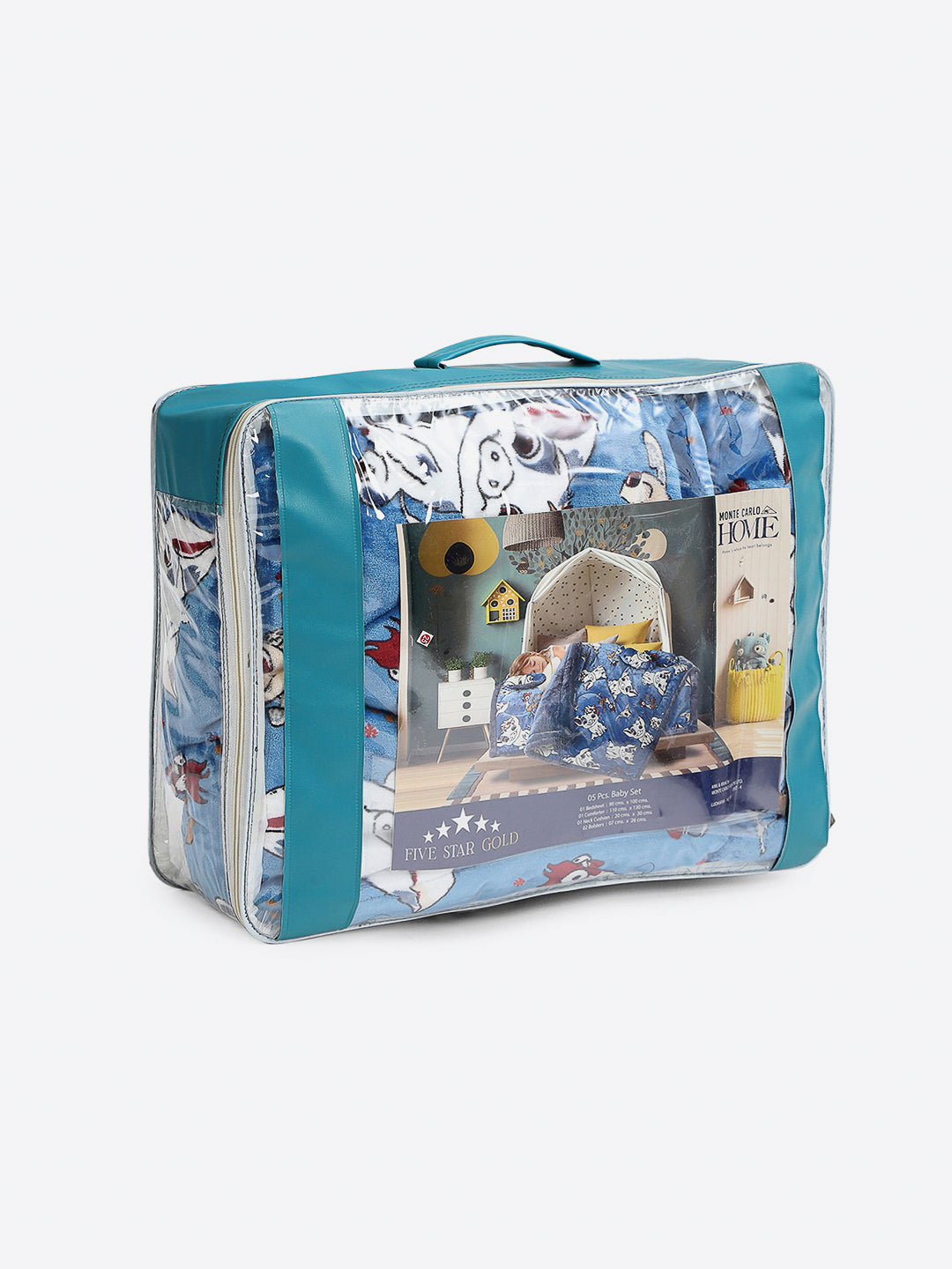 Printed Baby Blanket 3 Ply, 1609 GSM 5Pcs Set (1 Baby Comforter, 1 Bedsheet, 1 Neck Pillow & 2 Bolster)