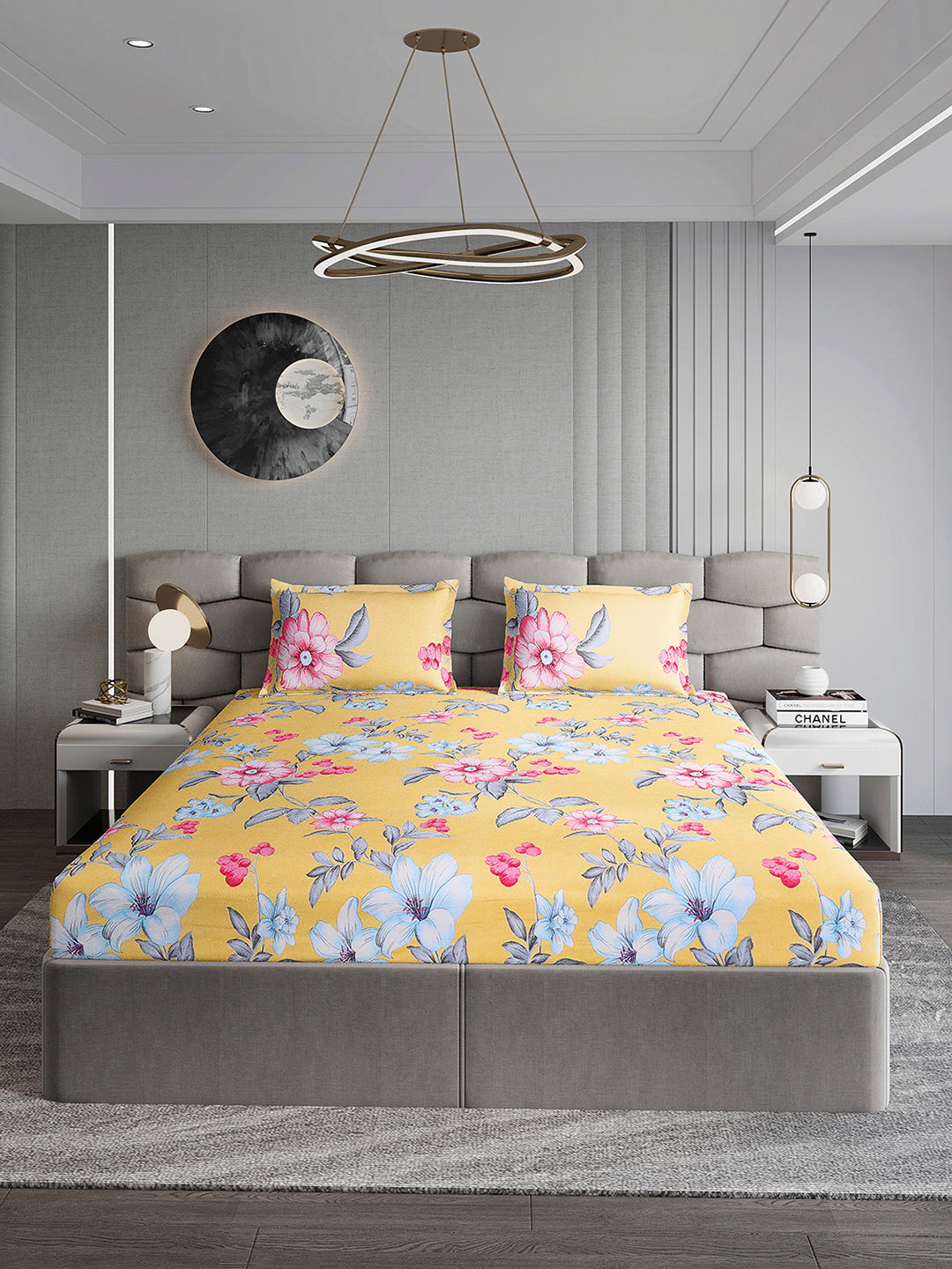 254 GSM Micro King Fitted Bed 1 Fitted Bedsheet with 2 Pillow Cover (Clare FT)