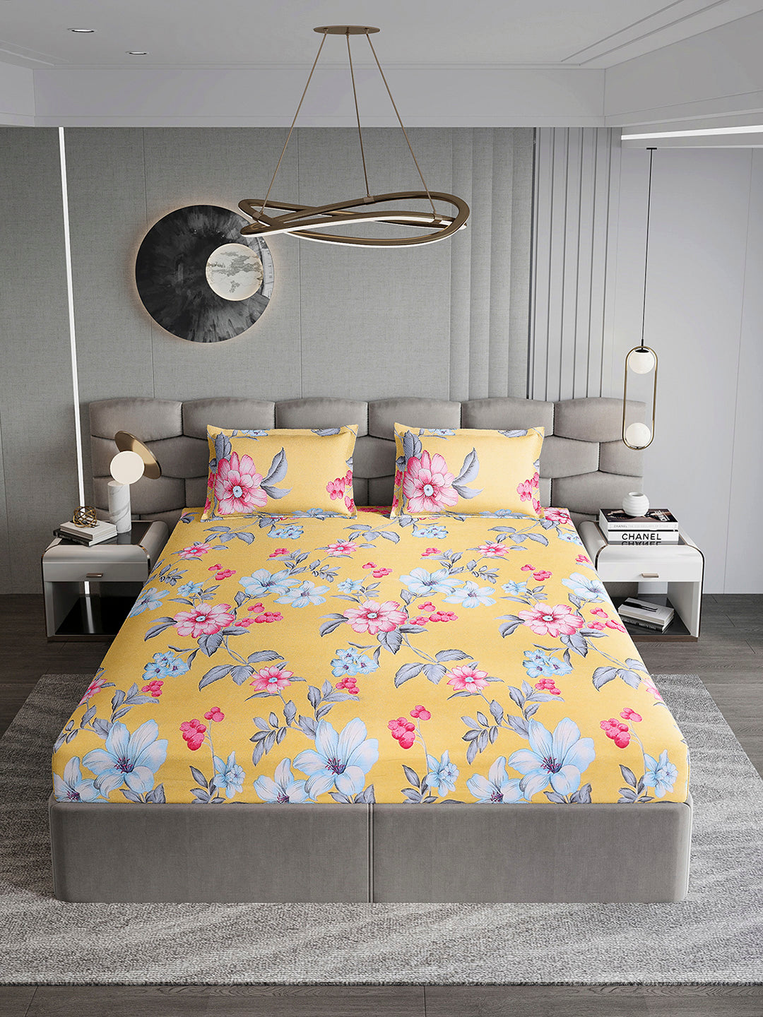 254 GSM Micro King Fitted Bed 1 Fitted Bedsheet with 2 Pillow Cover (Clare FT)